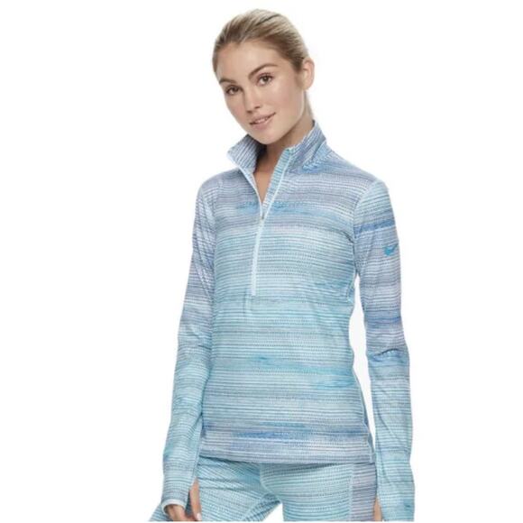 Nike Dri-Fit Blue Striped Long Sleeve Base Layer Running Pullover Top - Picture 1 of 10
